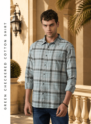 Green Checkered Cotton Shirt – Regular Fit, Full Sleeves