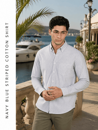 Navy Blue Striped Cotton Shirt – Button-Down Collar | Regular Fit