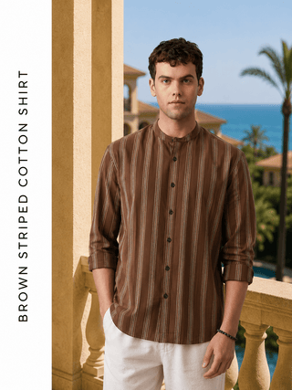 Brown Striped Cotton Shirt – Regular Fit, Full Sleeves