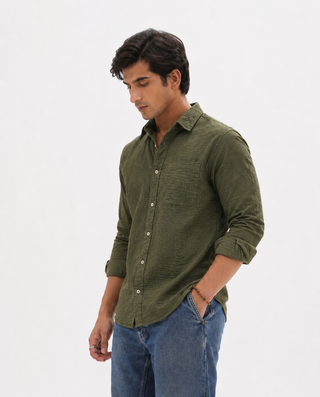 Olive Green Textured Cotton Shirt – Regular Fit, Full Sleeves