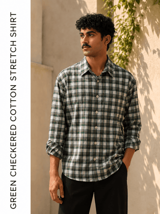Green Checkered Cotton Stretch Shirt – Loose Fit, Full Sleeves