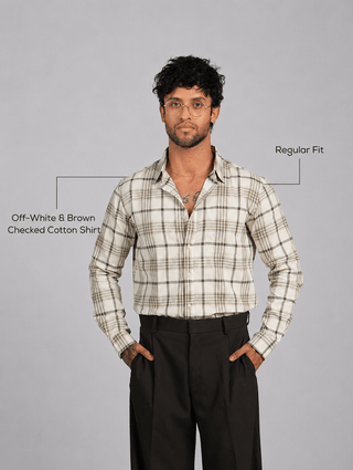Off-White & Brown Checked Cotton Shirt – Regular Fit, Full Sleeves