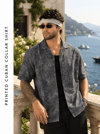 Printed Cuban Collar Shirt – Loose Fit Short Sleeve