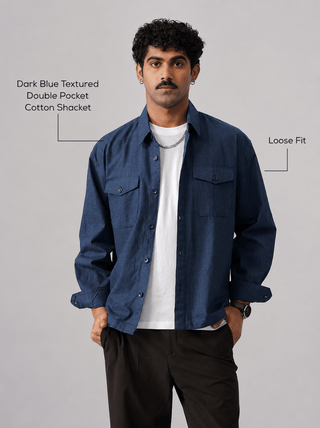 Dark Blue Textured Double Pocket Cotton Shacket