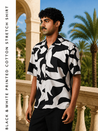 Black & White Printed Cotton Stretch Shirt – Loose Fit, Half Sleeves