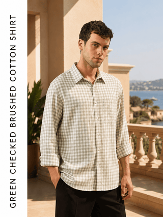 Green Gingham Brushed Cotton Shirt – Regular Fit, Full Sleeves