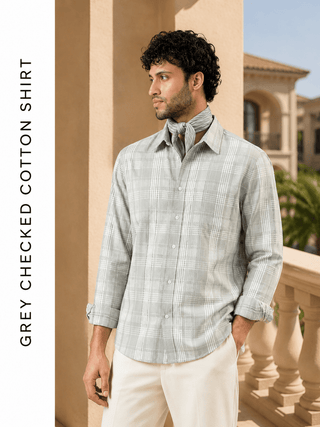 Grey Checked Cotton Shirt – Regular Fit, Full Sleeves