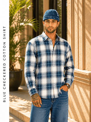 Blue Checkered Cotton Shirt – Full Sleeve, Loose Fit