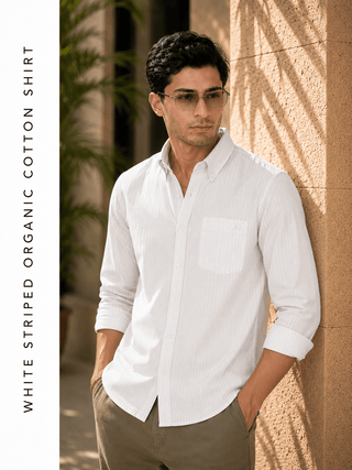 White Striped Organic Cotton Shirt – Button-Down Collar | Regular Fit