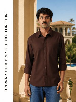 Brown Solid Brushed Cotton Shirt – Regular Fit, Full Sleeves