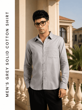 Men’s Grey Solid Cotton Shirt – Regular Fit, Full Sleeves