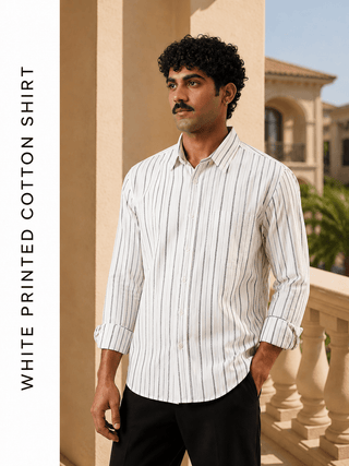 White Printed Cotton Shirt – Regular Fit, Half Sleeves