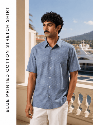 Blue Printed Cotton Stretch Shirt – Regular Fit, Half Sleeves