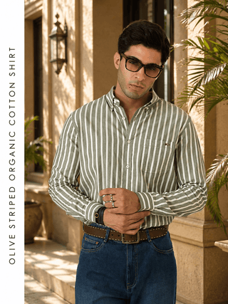 Olive Striped Organic Cotton Shirt – Regular Fit
