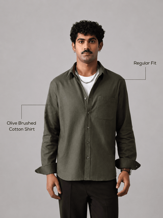 Olive Brushed Cotton Shirt – Regular Fit, Full Sleeves
