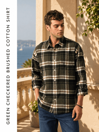 Green Checkered Brushed Cotton Shirt – Loose Fit, Full Sleeves