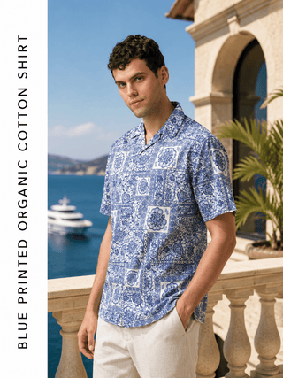 Blue Printed Organic Cotton Shirt – Regular Fit, Half Sleeves