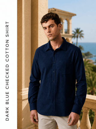 Blue Checked Cotton Shirt – Regular Fit, Full Sleeves