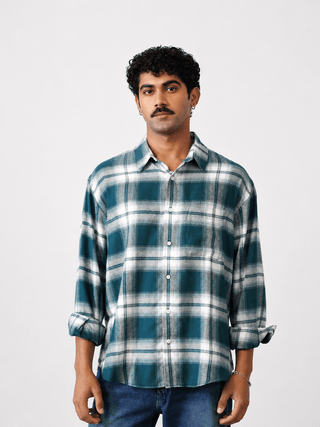 Green Checkered Cotton Shirt – Loose Fit, Full Sleeves