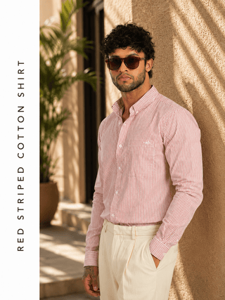 Red Striped Cotton Shirt – Regular Fit, Full Sleeves