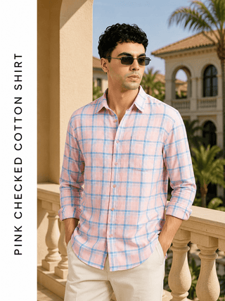 Pink Checked Cotton Shirt – Regular Fit, Full Sleeves