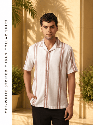 Off-White Striped Cotton Cuban Collar Shirt – Regular Fit, Half Sleeves