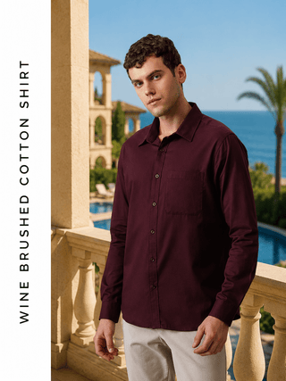 Wine Brushed Cotton Shirt – Regular Fit, Full Sleeves