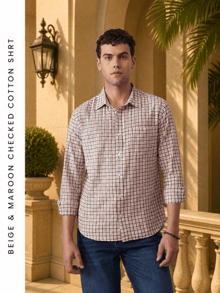 Beige & Maroon Checkered Cotton Shirt – Regular Fit, Full Sleeves