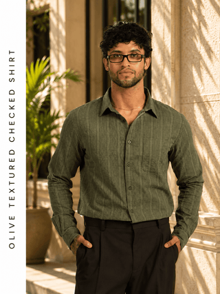 Olive Textured Checked Shirt – Regular Fit, Full Sleeves, Cotton