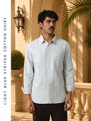 Light Blue Striped Cotton Shirt – Regular Fit, Full Sleeves
