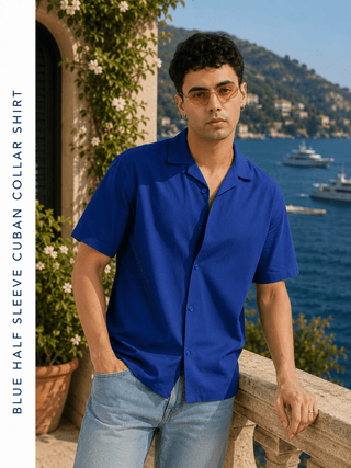 Blue Half Sleeve Cuban Collar Shirt – Loose Fit