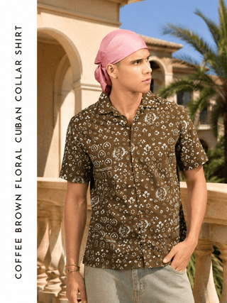 Coffee Brown Floral Cuban Collar Shirt – Regular Fit