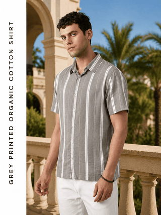 Grey Printed Organic Cotton Shirt – Regular Fit, Half Sleeves