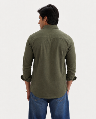 Olive Green Textured Cotton Shirt – Regular Fit, Full Sleeves