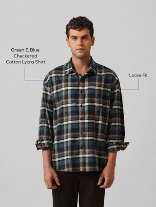 Green & Blue Checkered Cotton Lycra Shirt – Loose Fit, Full Sleeves