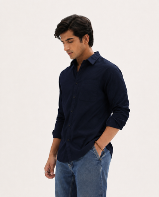 Navy Blue Linen Viscose Shirt – Regular Fit, Full Sleeves