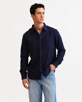 Navy Blue Pinstripe Cotton Viscose Shirt – Regular Fit, Full Sleeves