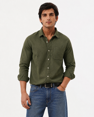 Olive Green Textured Cotton Shirt – Regular Fit, Full Sleeves