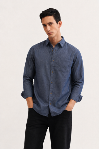 Steel Blue Textured Cotton Shirt – Regular Fit, Full Sleeves