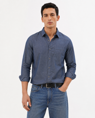 Steel Blue Textured Cotton Shirt – Regular Fit, Full Sleeves