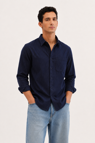 Navy Blue Pinstripe Cotton Viscose Shirt – Regular Fit, Full Sleeves