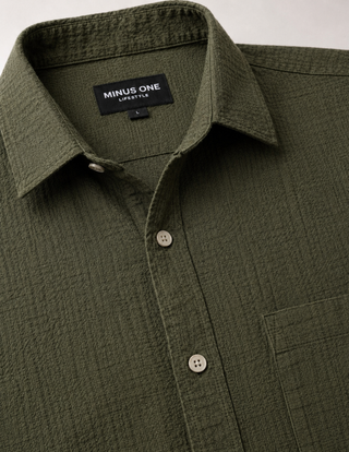 Olive Green Textured Cotton Shirt – Regular Fit, Full Sleeves