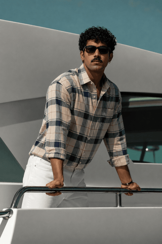Beige & Blue Checkered Brushed Cotton Shirt – Loose Fit, Full Sleeves