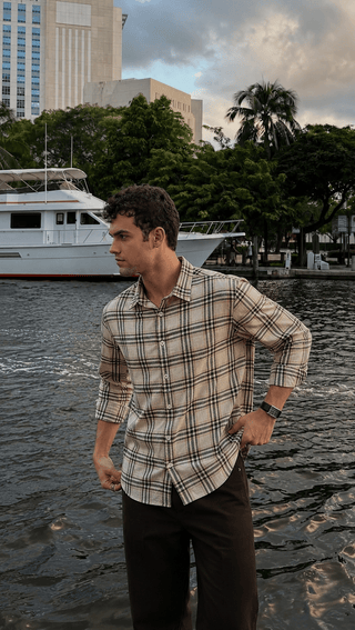 Beige Checked Cotton Shirt – Loose Fit, Full Sleeves