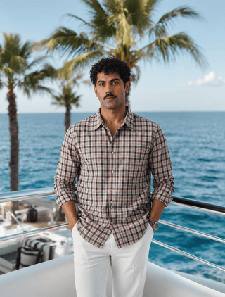 Beige & Grey Checked Cotton Stretch Shirt – Regular Fit, Full Sleeves