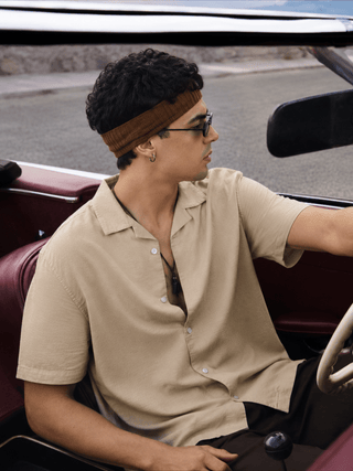 Beige Half Sleeve Cuban Collar Shirt – Loose Fit
