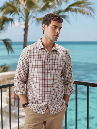 Beige & Maroon Checkered Cotton Shirt – Regular Fit, Full Sleeves