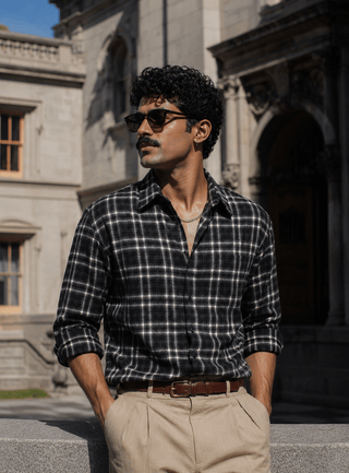 Black Checkered Brushed Cotton Shirt – Loose Fit, Full Sleeves