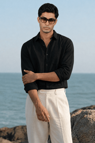 Black Linen Blend Shirt – Regular Fit