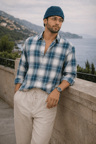Blue Checkered Cotton Shirt – Full Sleeve, Loose Fit